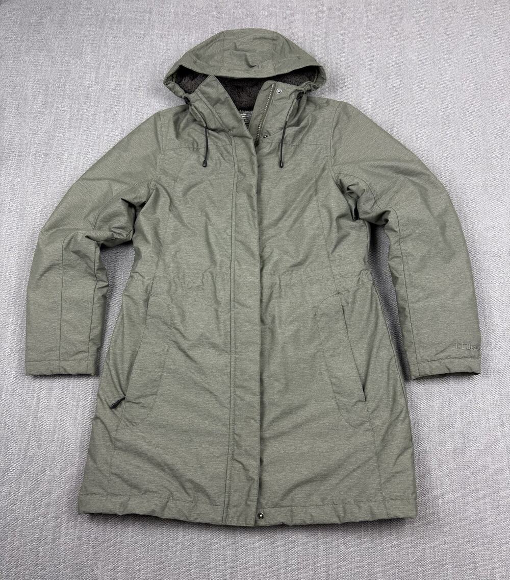 LL Bean Women’s XS Long Winter Coat Hooded Fleece Lined Olive Green Jacket